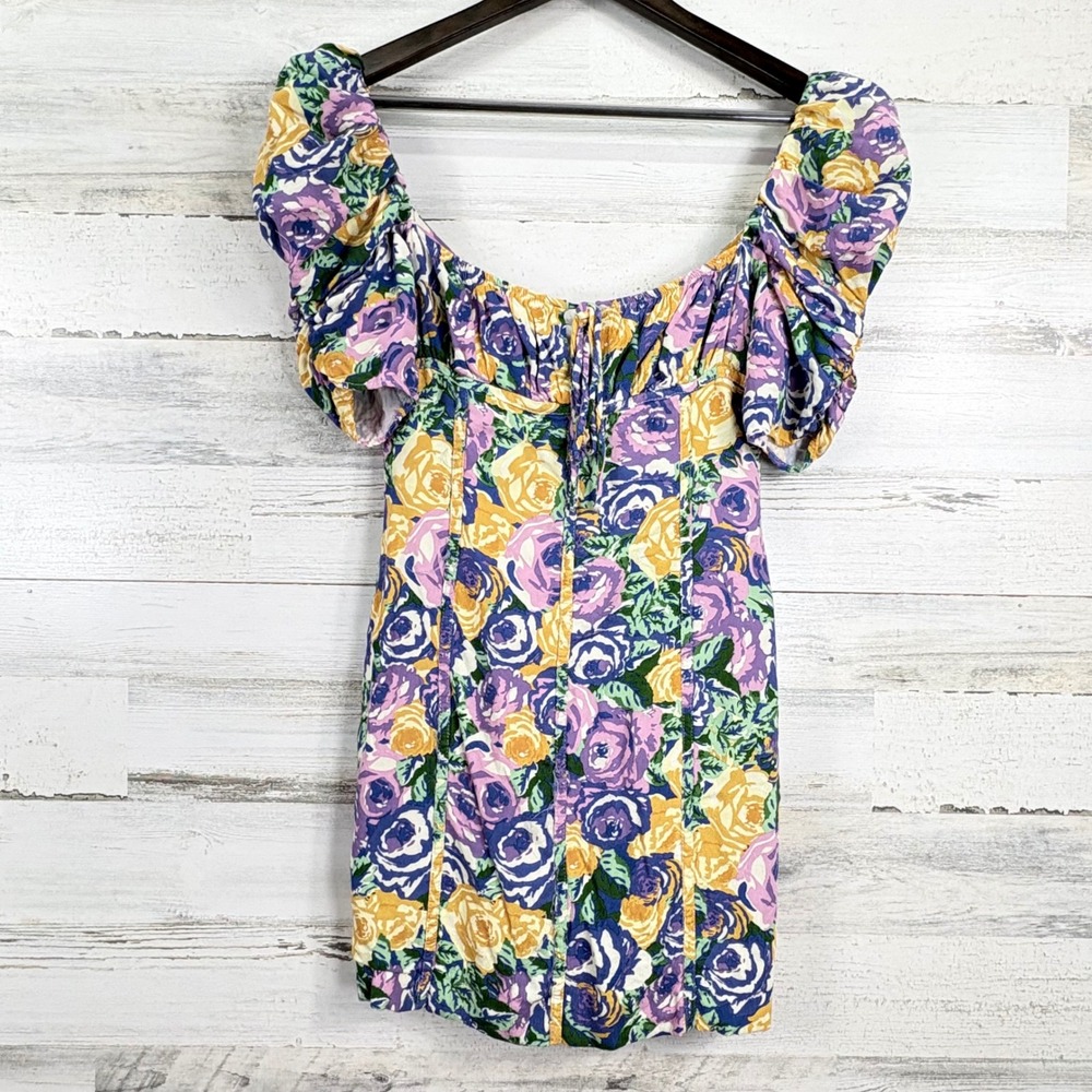 ZARA Floral Puff Sleeve Mini Dress‎ Purple Yellow Rose Print Party Womens Size S